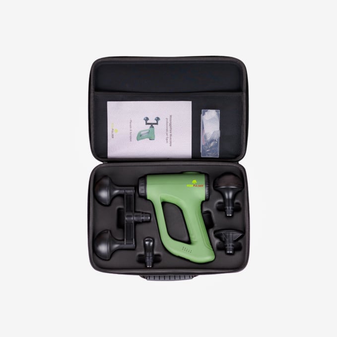 EQUIPULSER view of the practical case containing massager, interchangeable heads and accessories
